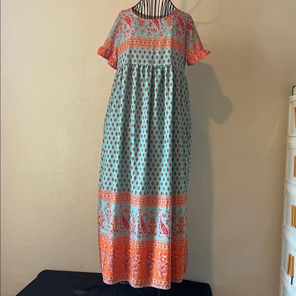 Bohemian Floral Dress in Teal and Orange